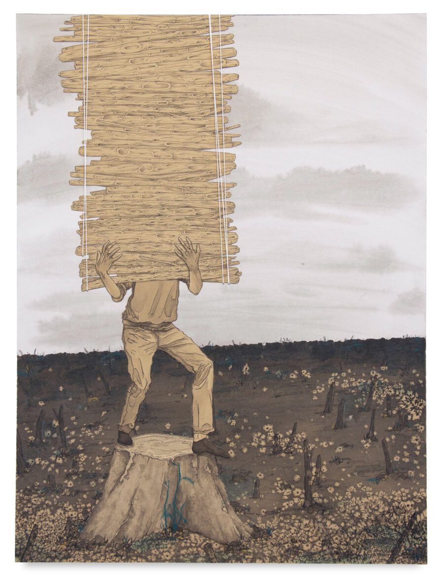 Clearing, Cutting, Collecting - Ink drawing on wood panel by Toronto artist Kale Vandenbroek